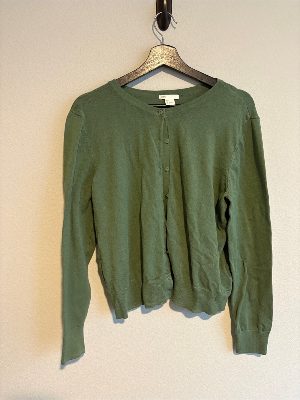 Olive Green Button-Front Crewneck Cardigan